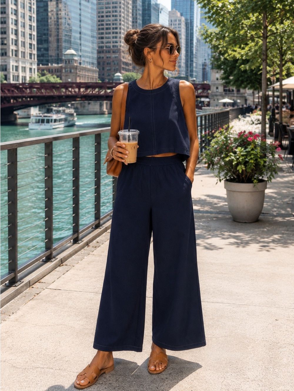 Max Studio — Matching Set. Navy Sleeveless Top with Contrast Stitching